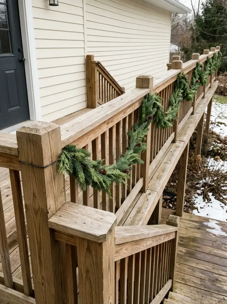 Evergreen Christmas garland draped along the exterior railing of a cedar mobile-home deck.