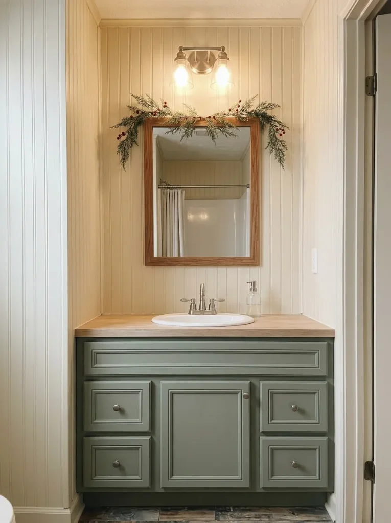 Small bathroom mirror with restrained Christmas garland above a sage-green vanity and clear sink.