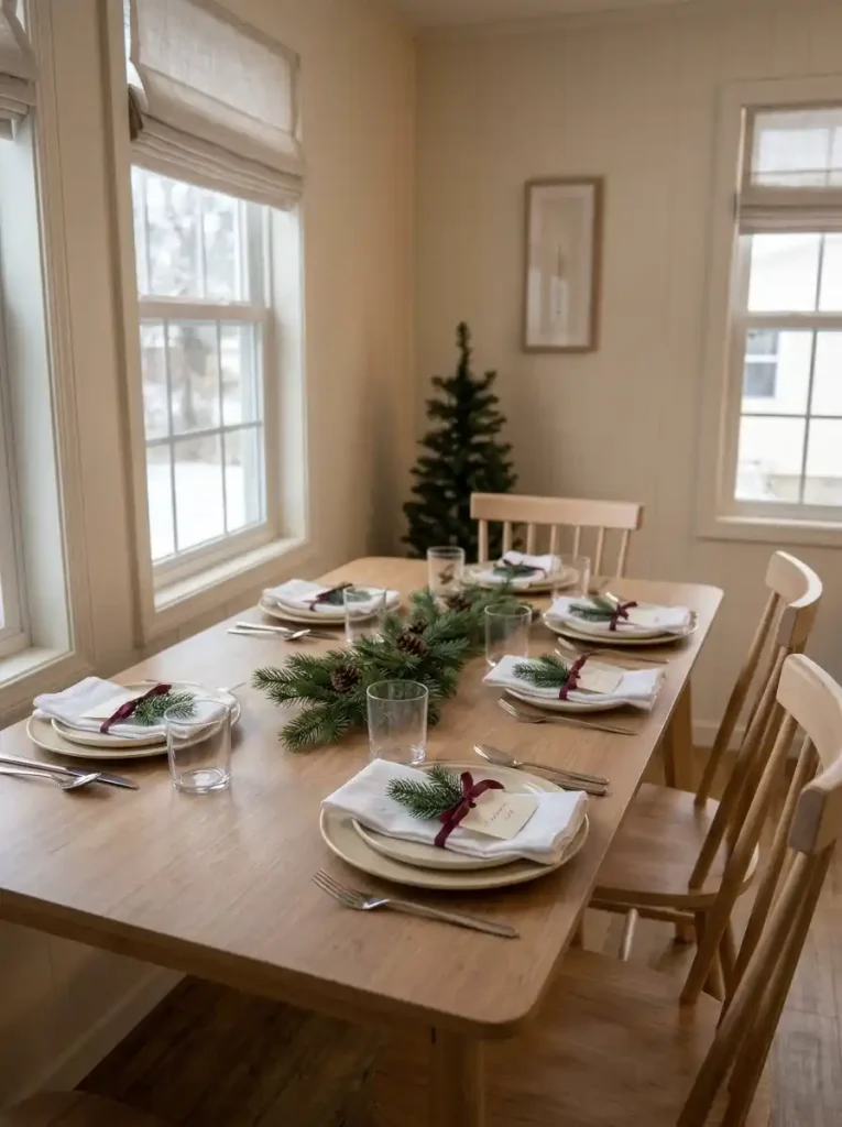 Christmas place settings with cream name cards, small evergreen sprigs, burgundy ribbons, and white dinner plates.
