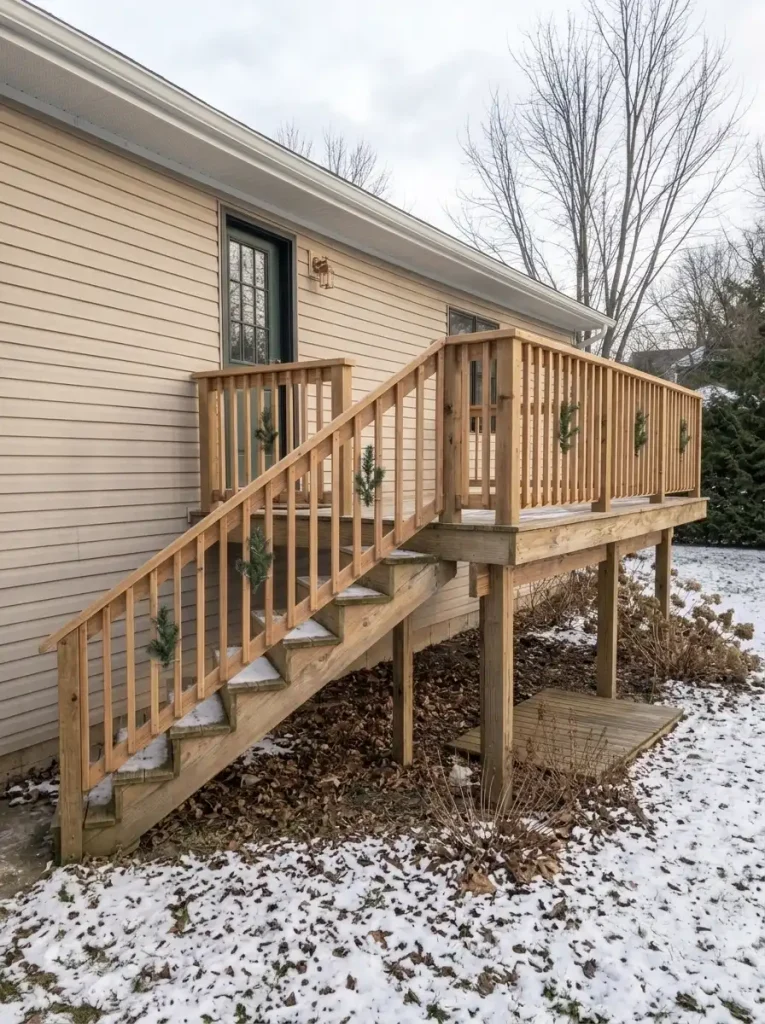 Small evergreen Christmas sprigs attached to selected exterior balusters of a wooden mobile-home deck.