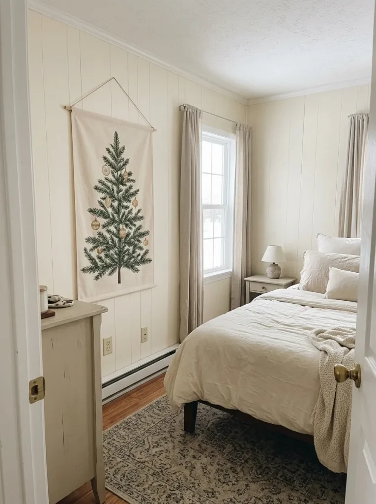 Flat fabric Christmas tree hanging above a narrow dresser in a compact mobile home guest bedroom.