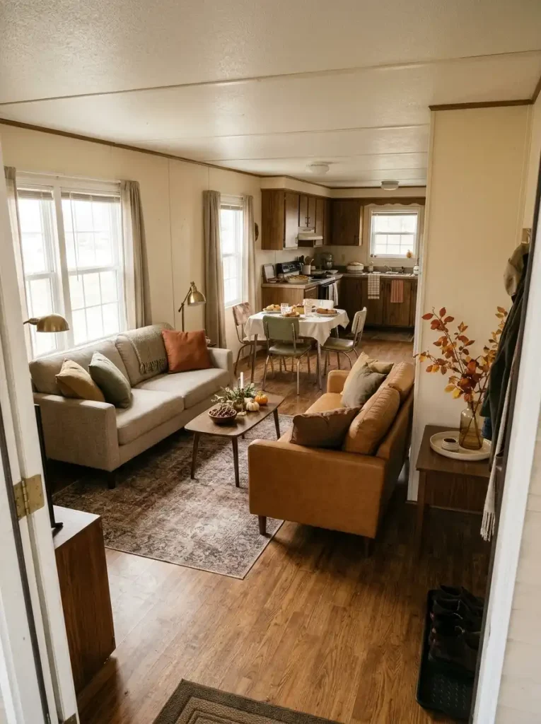 Two facing sofas across a wooden coffee table in a compact double-wide living room, with an open guest walkway along the side.