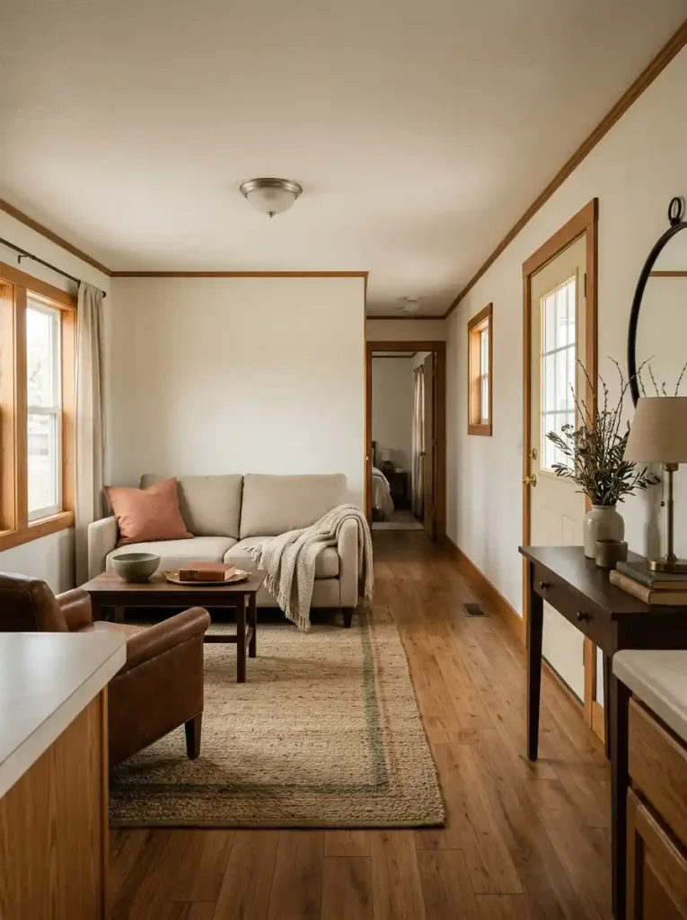 Faded rust, olive, flax and tobacco fall colors coordinated with warm wood finishes in a compact mobile home living room.