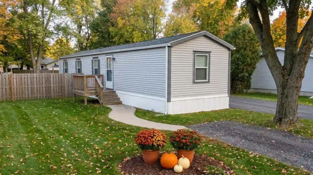 Pumpkins and autumn mums in a mobile home front yard with an open walkway, green lawn, and compact garden bed.