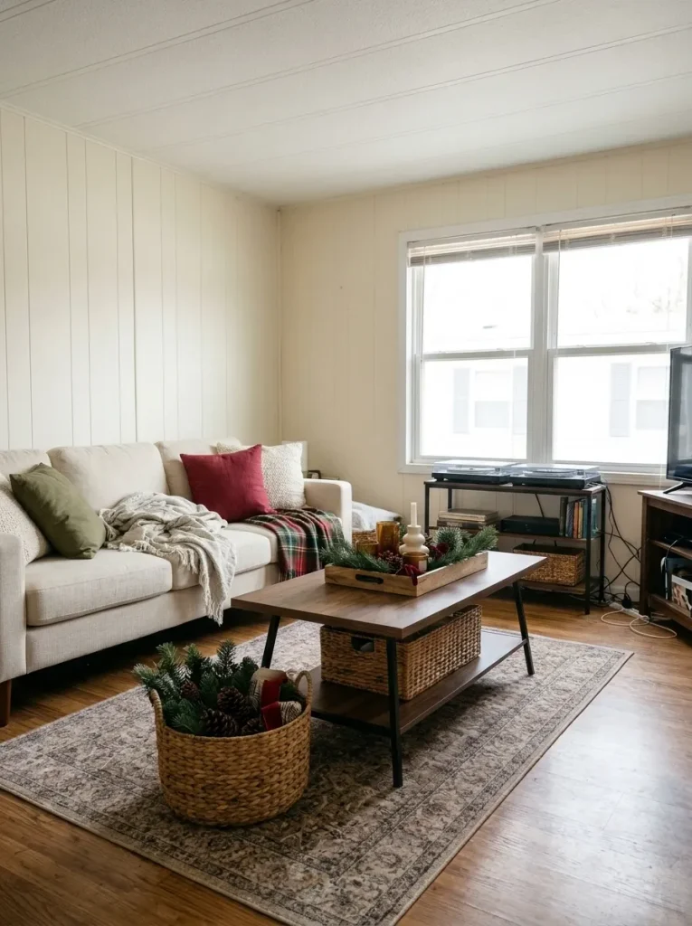Cream mobile home sofa with olive pillows, evergreen accents, cranberry ribbon, and natural wood furniture