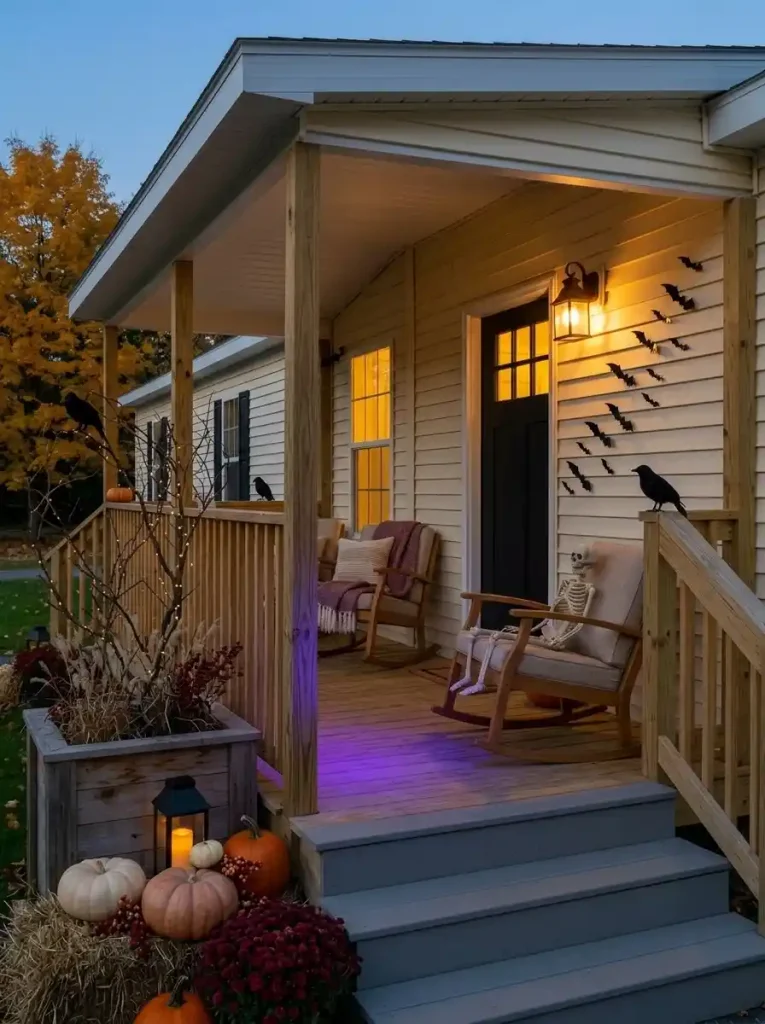 Existing fall porch with pumpkins, mums and neutral textiles converted to Halloween using bats, one skeleton and a controlled purple light accent.