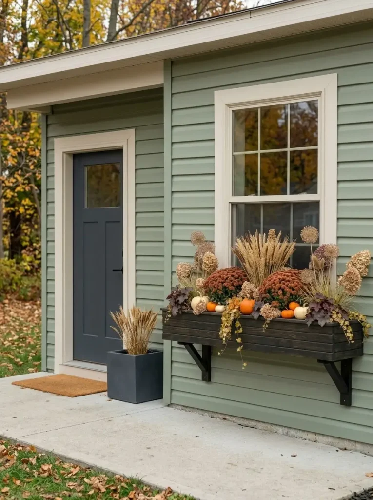 Fall mobile-home window box and nearby front door connected by matching wheat-toned grass accents without duplicating the full display.