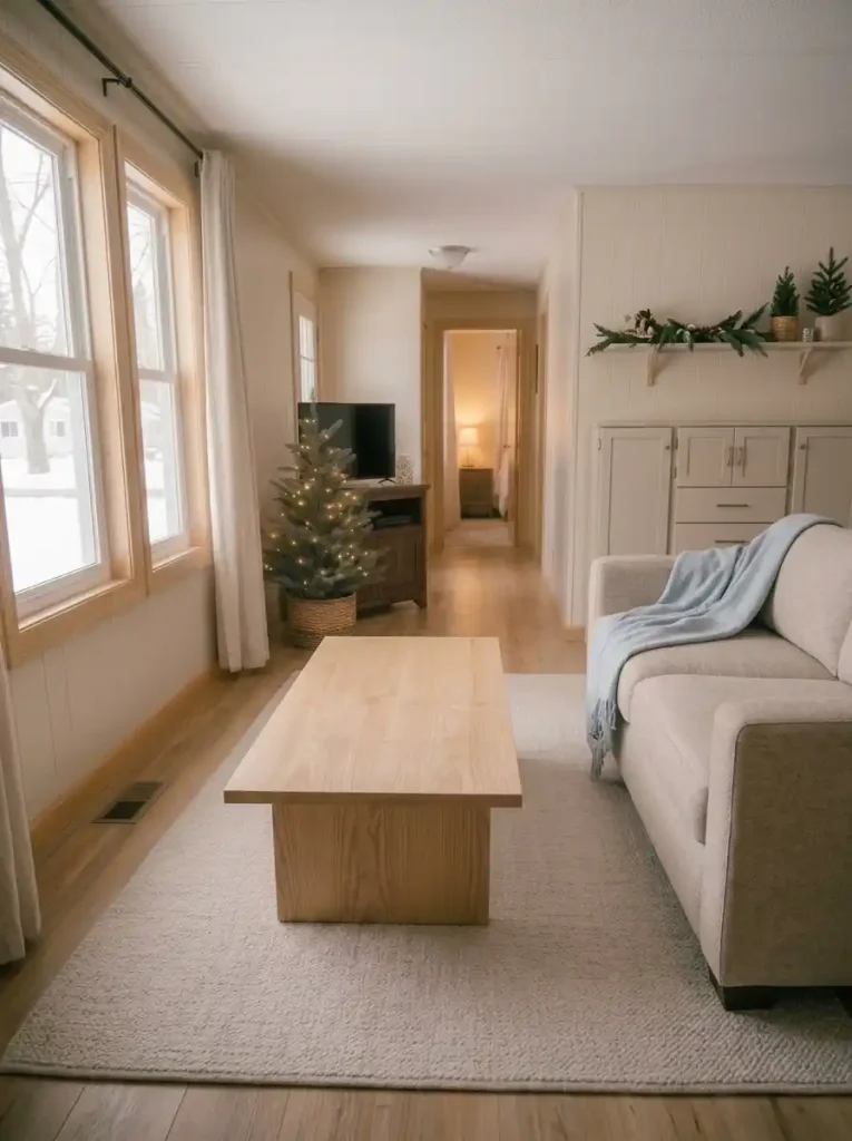 Clear, child-friendly coffee table in a small mobile home living room with Christmas decorations displayed on a high stable shelf.