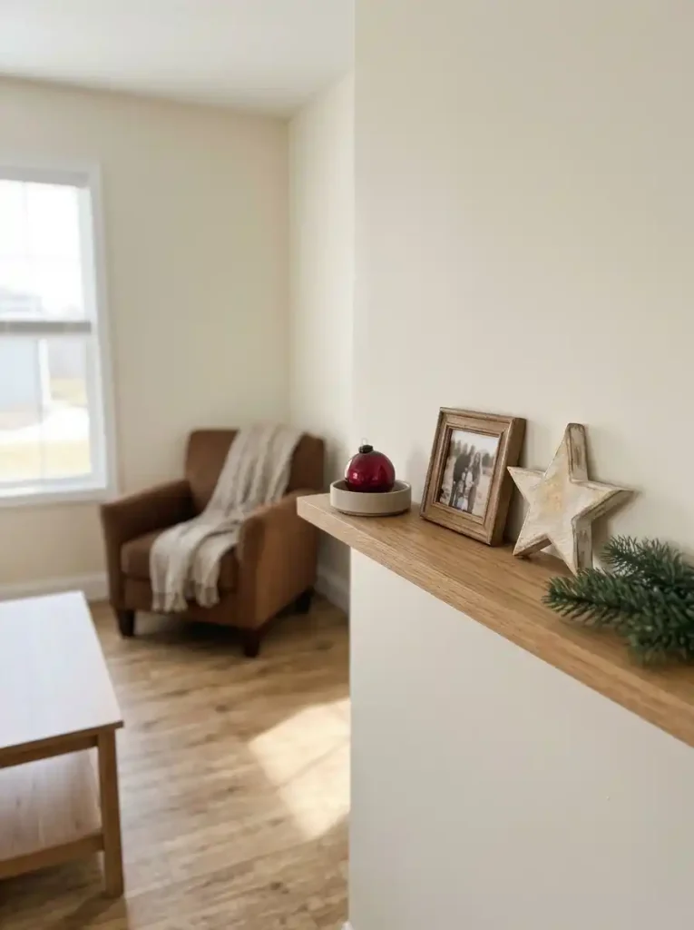 Family photograph, vintage ornament and handmade star arranged on a small shelf beside a mobile home armchair.