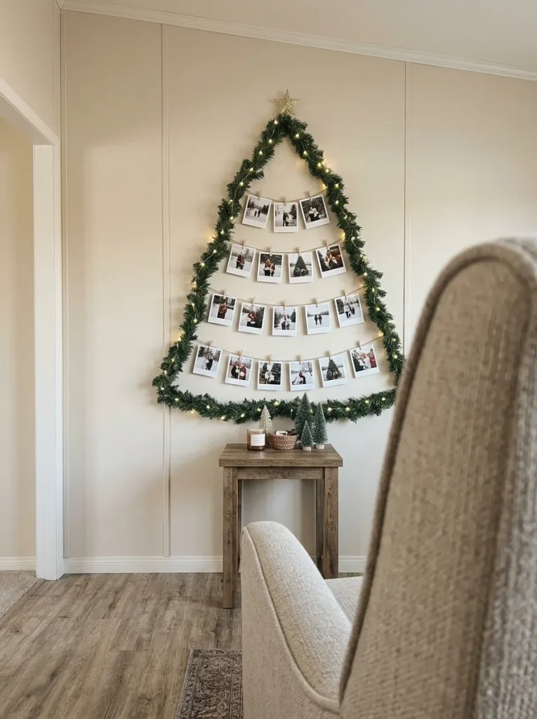 Family photographs clipped to horizontal twine within a lighted evergreen Christmas tree outline above a sofa area.