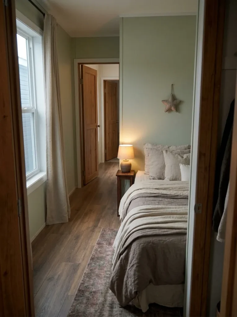Small felt Christmas star mounted on the side wall beside a narrow bedside table and upholstered bed in a mobile home.