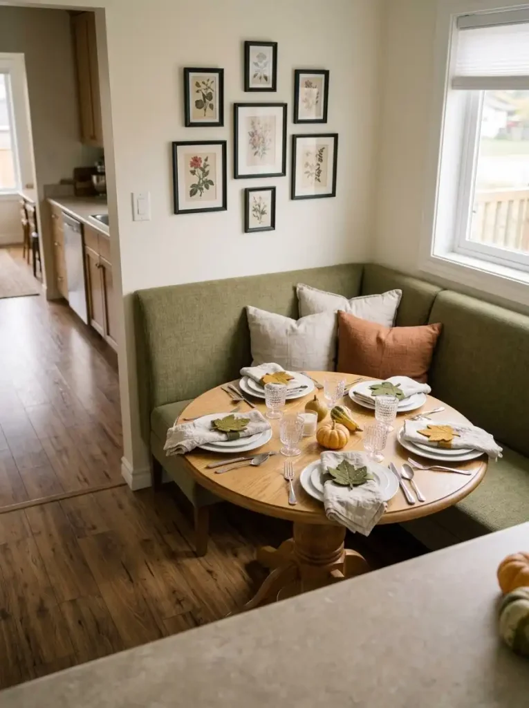 Handmade felt leaf napkin cuffs in olive and ochre on a small oval table beside an L-shaped green banquette.