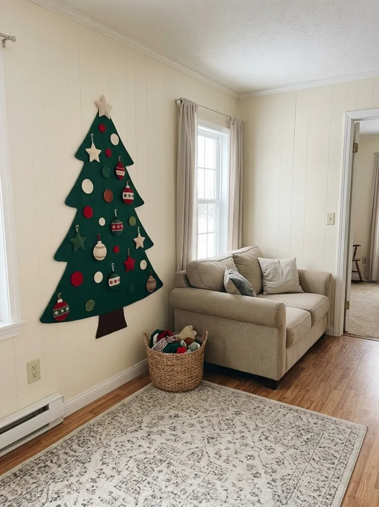 Large green felt Christmas tree with soft removable ornaments on a family activity wall inside a manufactured home.