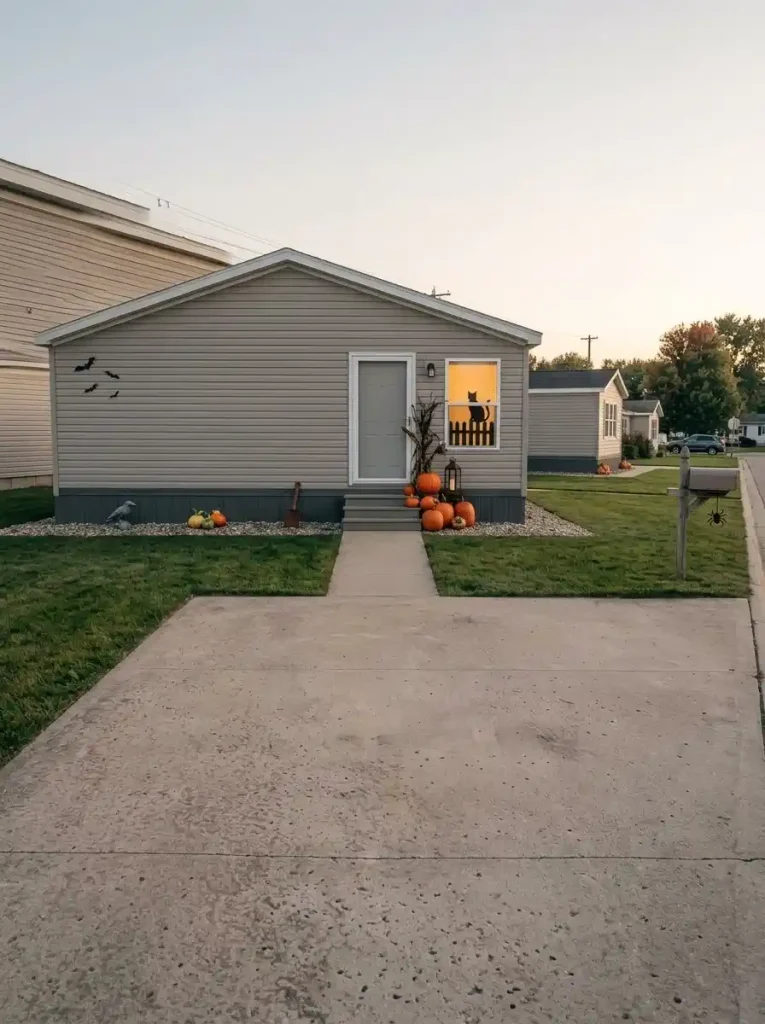 Finished budget Halloween curb appeal on a manufactured home with one main porch display, subtle repeated accents and an unobstructed front path.