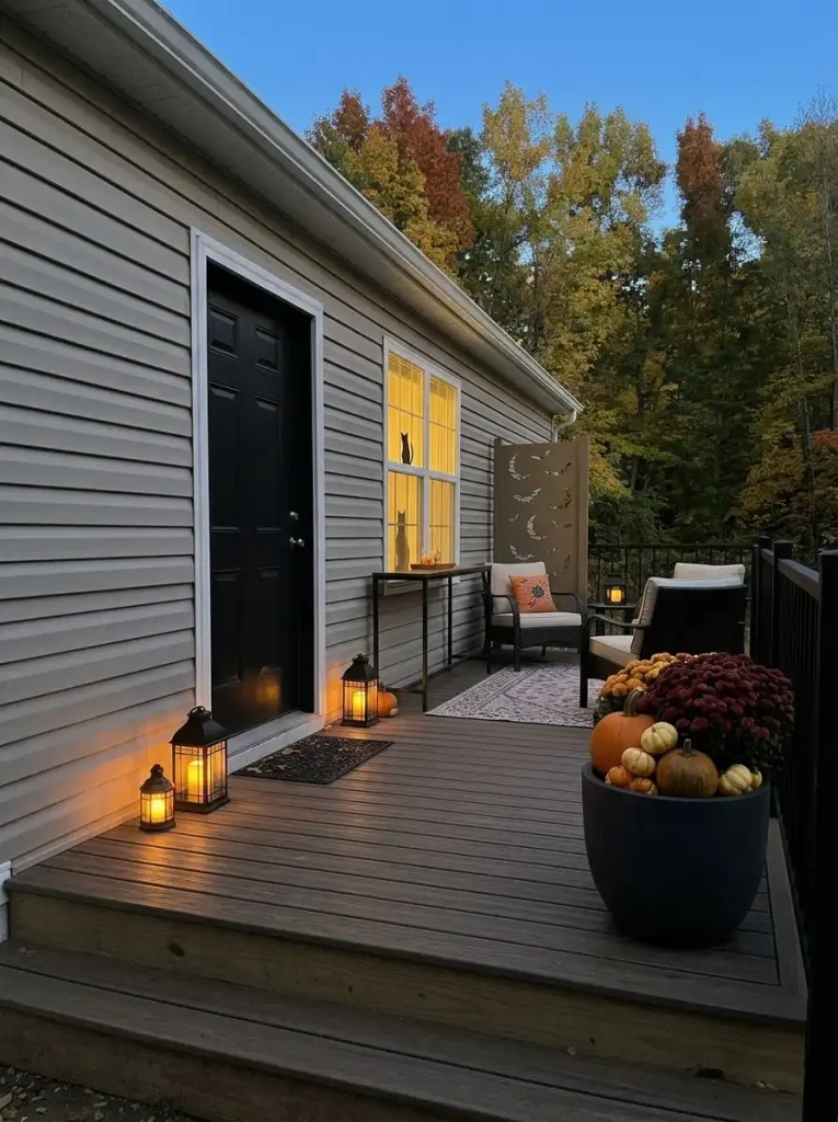 Finished spooky-cute mobile home Halloween patio with balanced lighting, pumpkins, seating, bats, and a clear walkway.