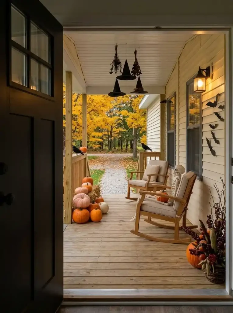 View from inside an open mobile home door across a finished Halloween porch with clear stairs, one skeleton focal point, overhead hats and edge-mounted pumpkins.