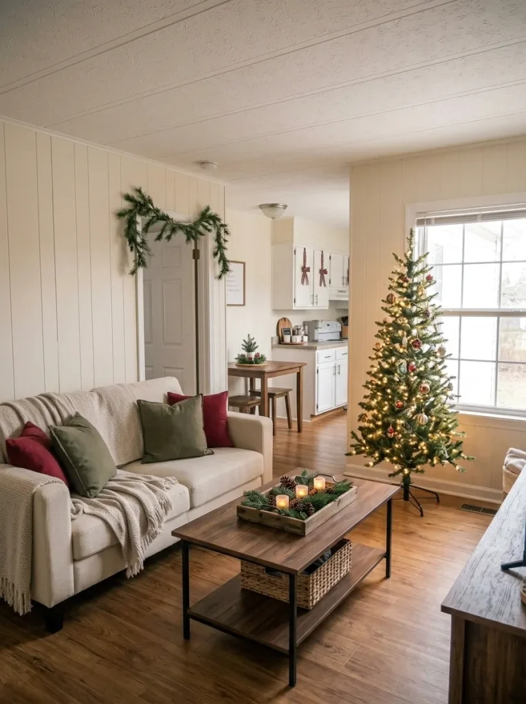 Finished Christmas mobile home interior with lit slim tree, decorated coffee table, dining nook, and clear walkway