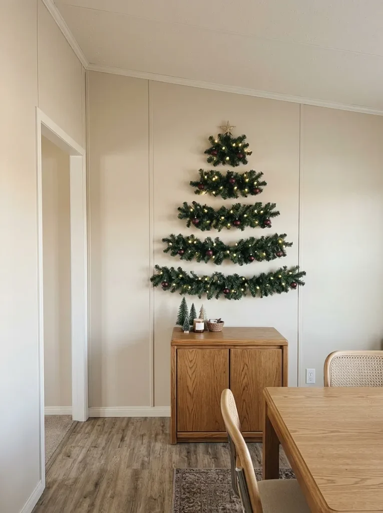 Five separate evergreen garlands arranged in graduated horizontal rows to form a Christmas tree above a small dining sideboard.