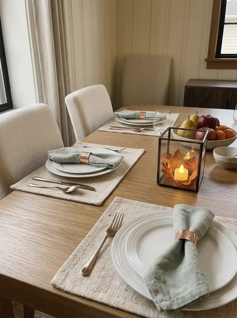 Small flameless autumn leaf lantern glowing beside Thanksgiving dinnerware on a narrow dining table.