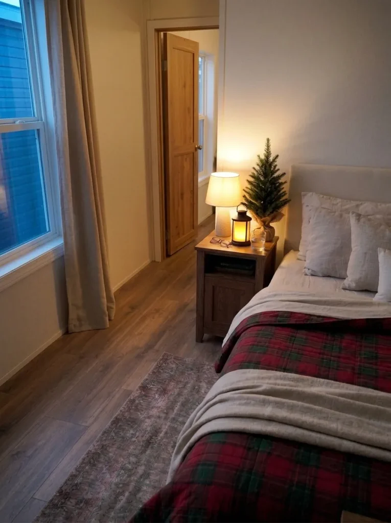 Warm glowing flameless Christmas lantern on a wooden bedside table beside cream bedding in a cozy manufactured-home bedroom.