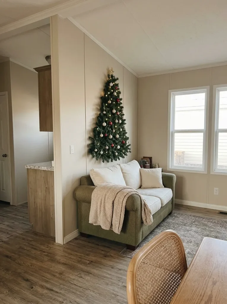 Side view of a shallow flat-back Christmas tree against a mobile home living room wall, showing its projection into the room.