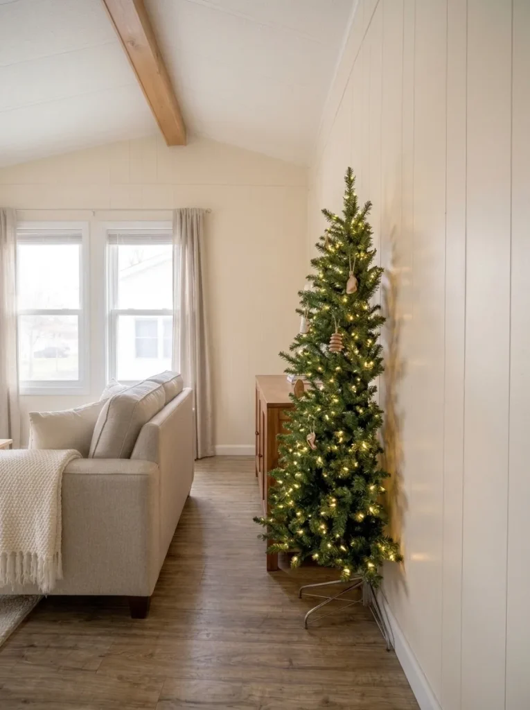 Side view of a flat-back Christmas tree against a wall with the living-room walkway open.