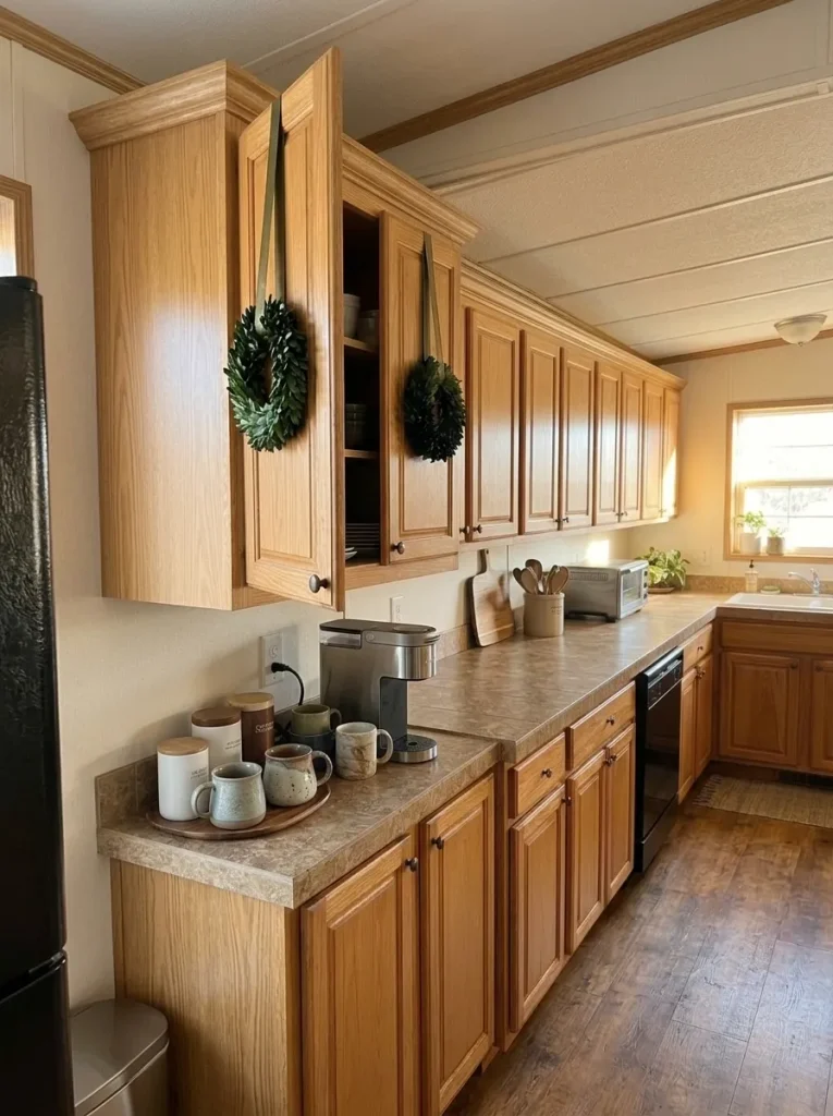 Partly open mobile home kitchen cabinet door showing a shallow Christmas wreath that clears nearby cabinetry.