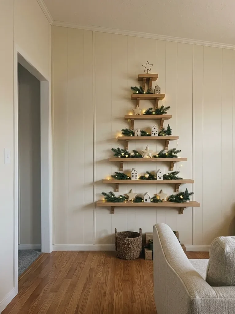 Graduated wooden floating shelves forming a Christmas tree with greenery and miniature houses on a manufactured-home wall.