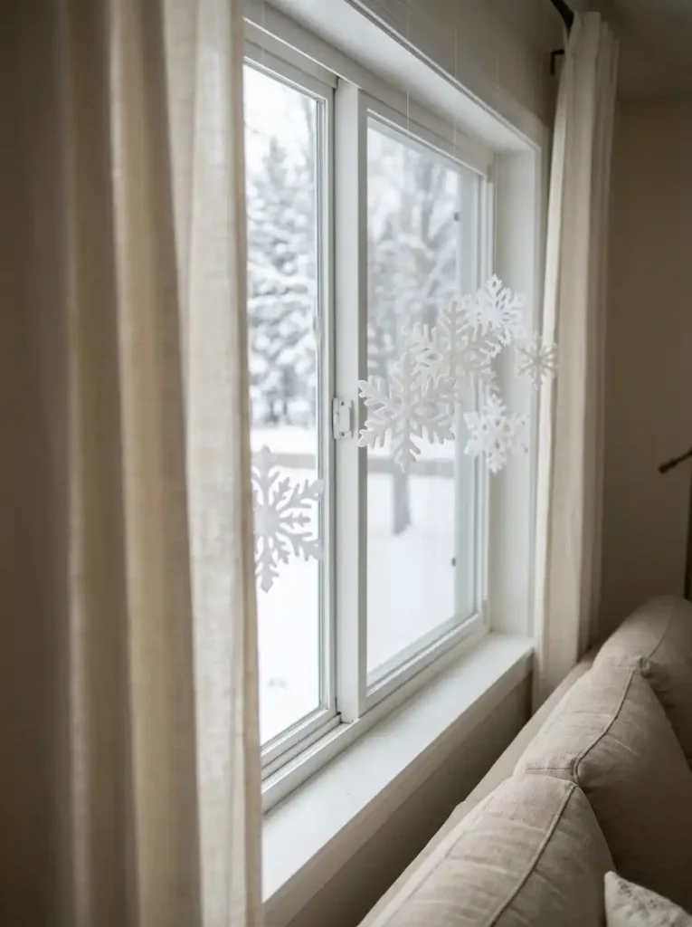 White paper snowflakes hanging at staggered depths in front of a mobile home living-room window.
