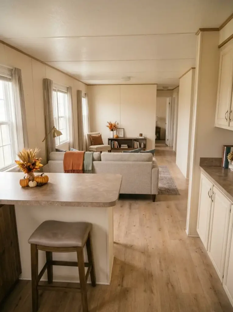 Floating sofa separates an open mobile home kitchen from the Thanksgiving living room while a side walkway remains clear.