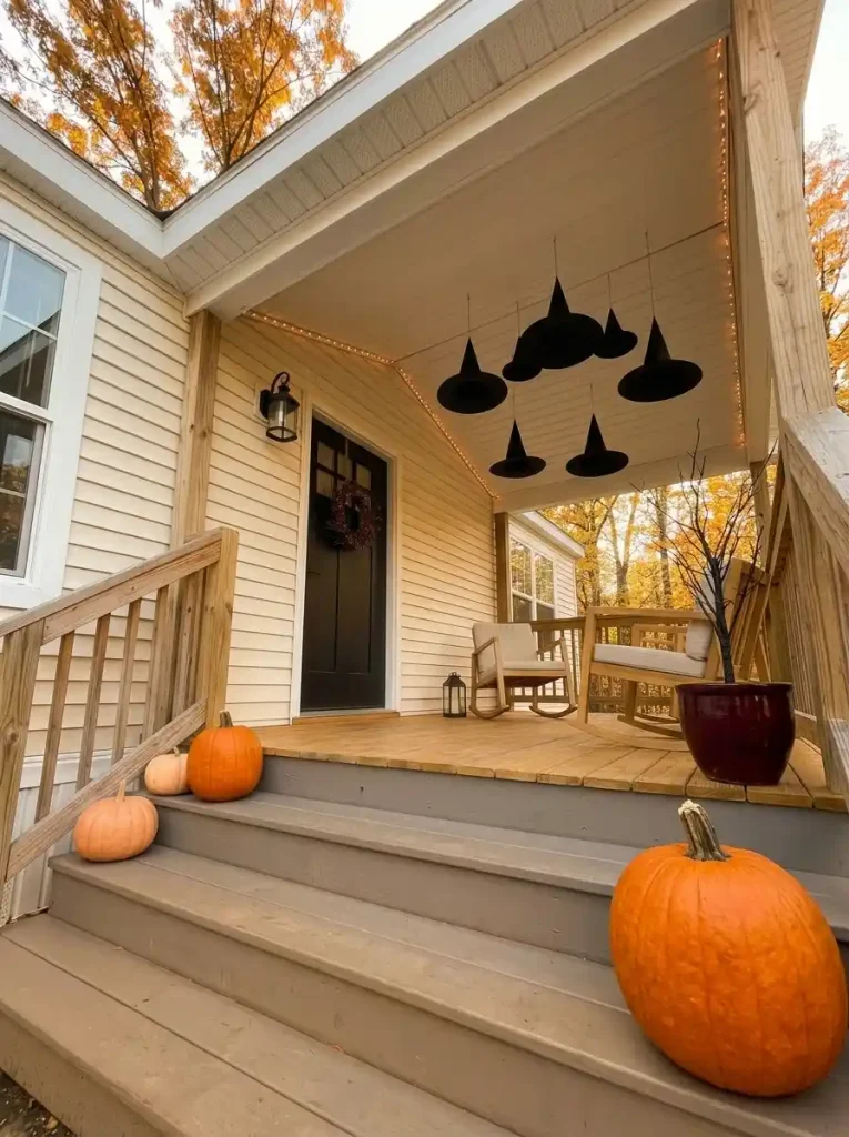 Floating black witch hats hang from one area of a compact covered mobile home porch ceiling while the doorway and floor remain open.