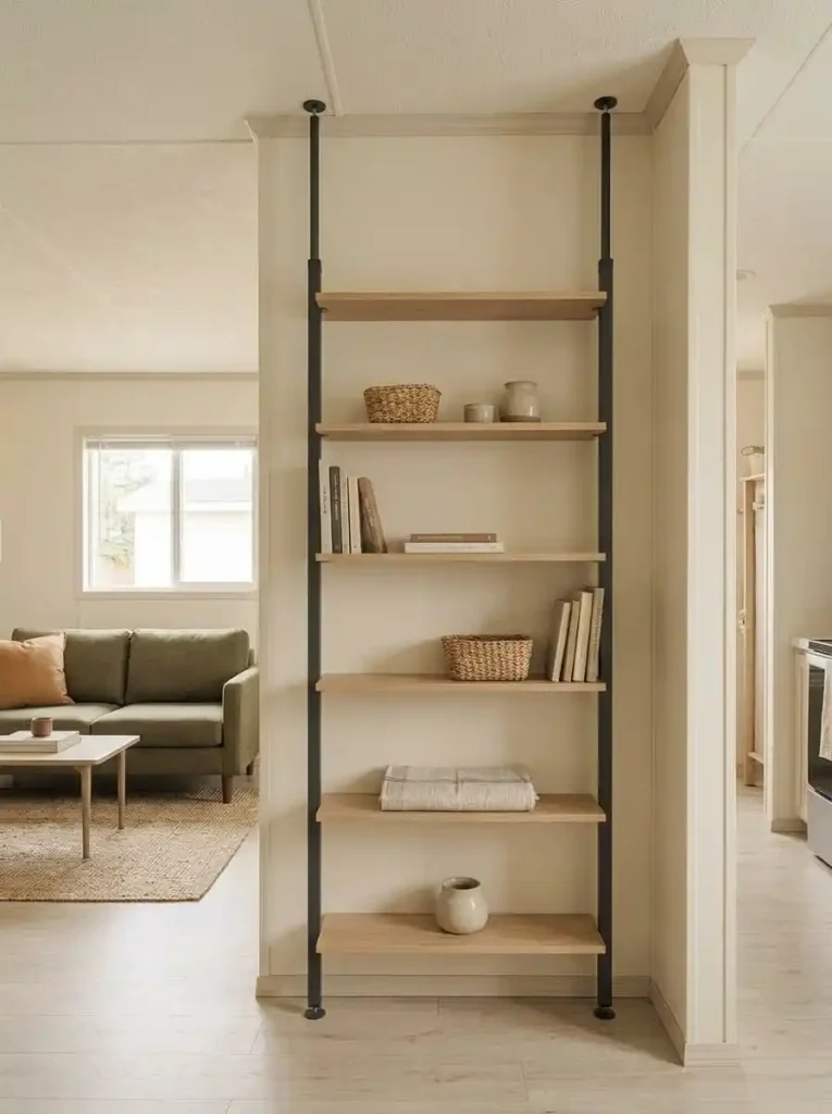 Floor-to-ceiling tension shelving on a narrow mobile home wall holding lightweight items while leaving the nearby floor area open.