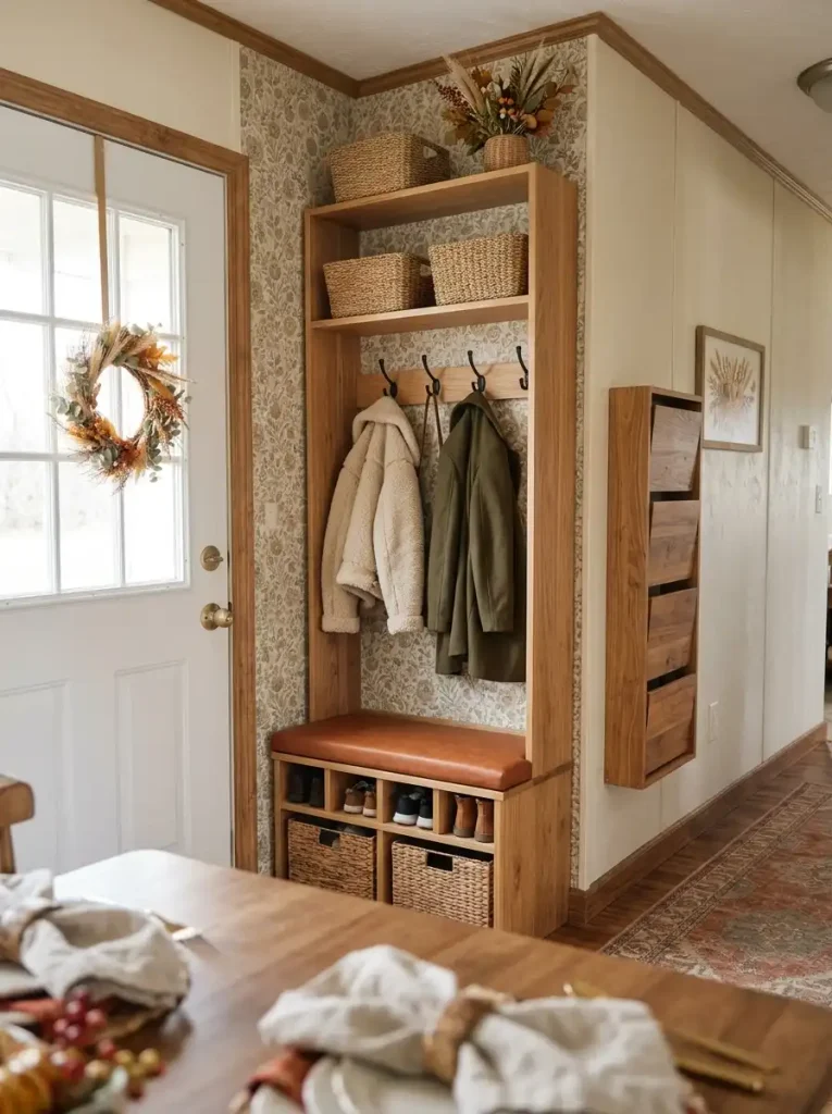 Floral wallpaper behind a small entry bench with coat hooks and shoe cubbies, viewed from a nearby Thanksgiving dining table.