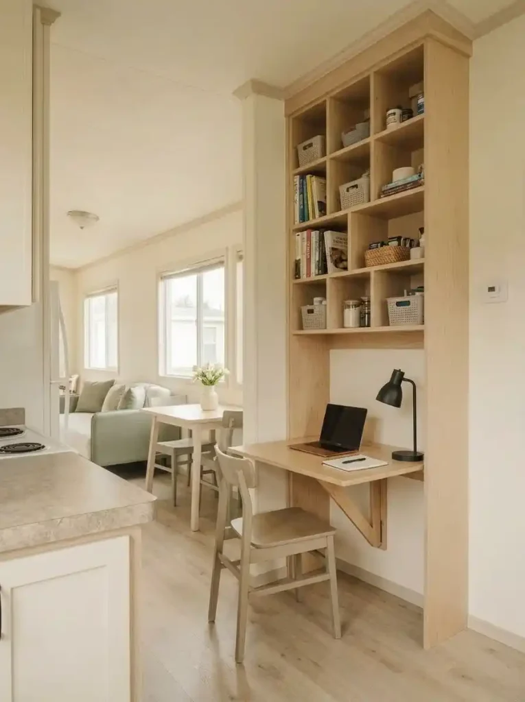 Fold-down desk with shallow storage above on a small mobile home transition wall while the nearby doorway and walking route remain clear.