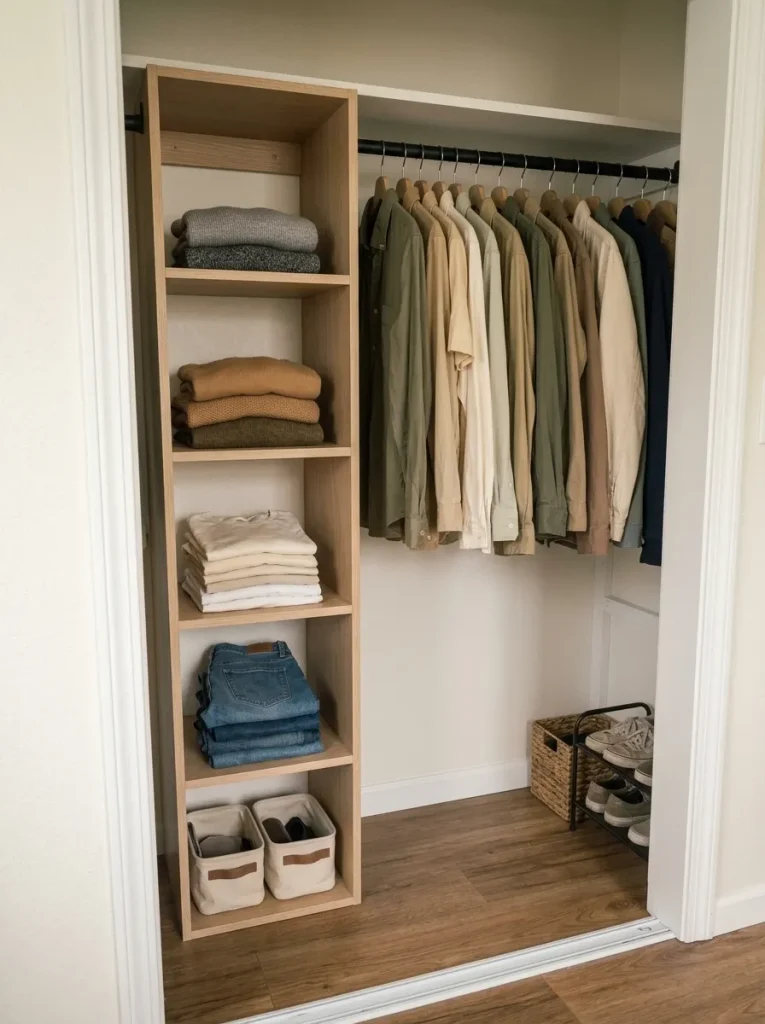 Vertical closet cubbies holding folded jeans, shirts, and sweaters beside a hanging rod in a compact mobile home.