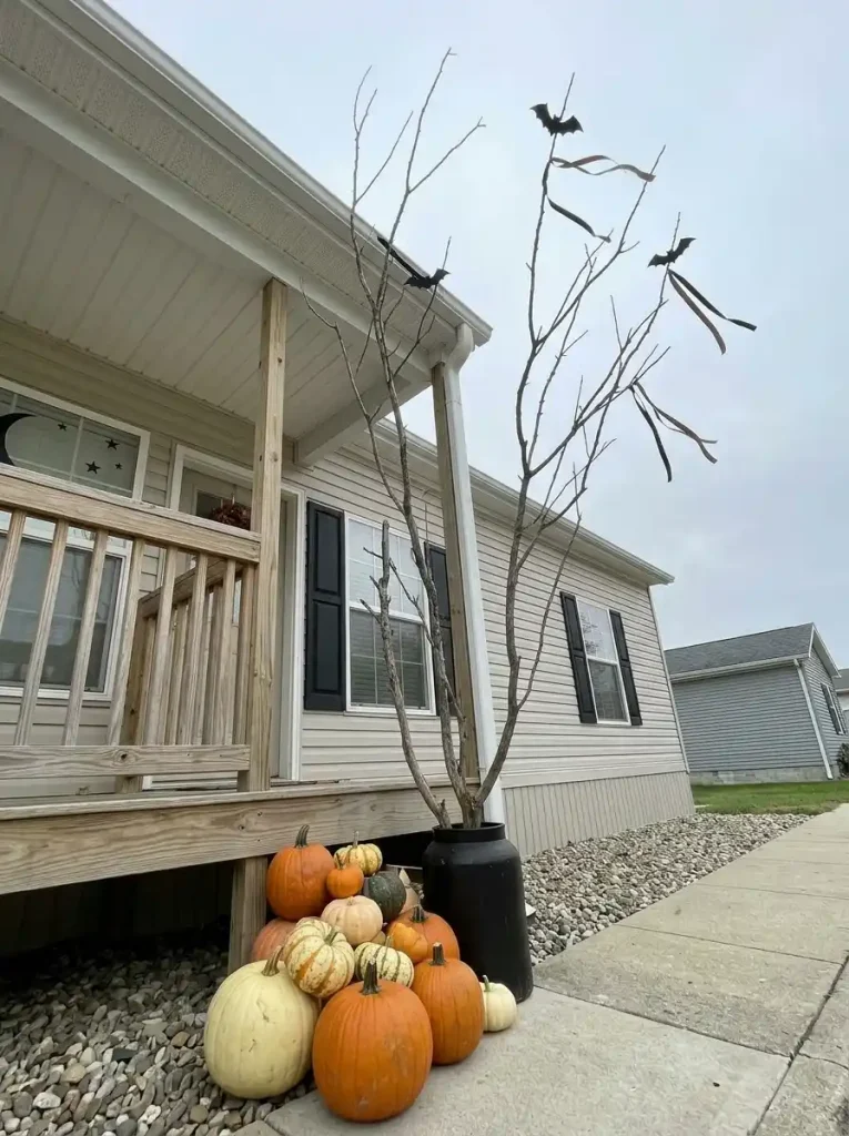 Fallen branches arranged in an existing planter beside pumpkins add inexpensive vertical Halloween height to a manufactured-home porch.