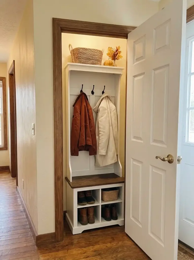 Compact freestanding white hall tree with a wooden bench, coat hooks and shoe cubbies beside a mobile home front door.
