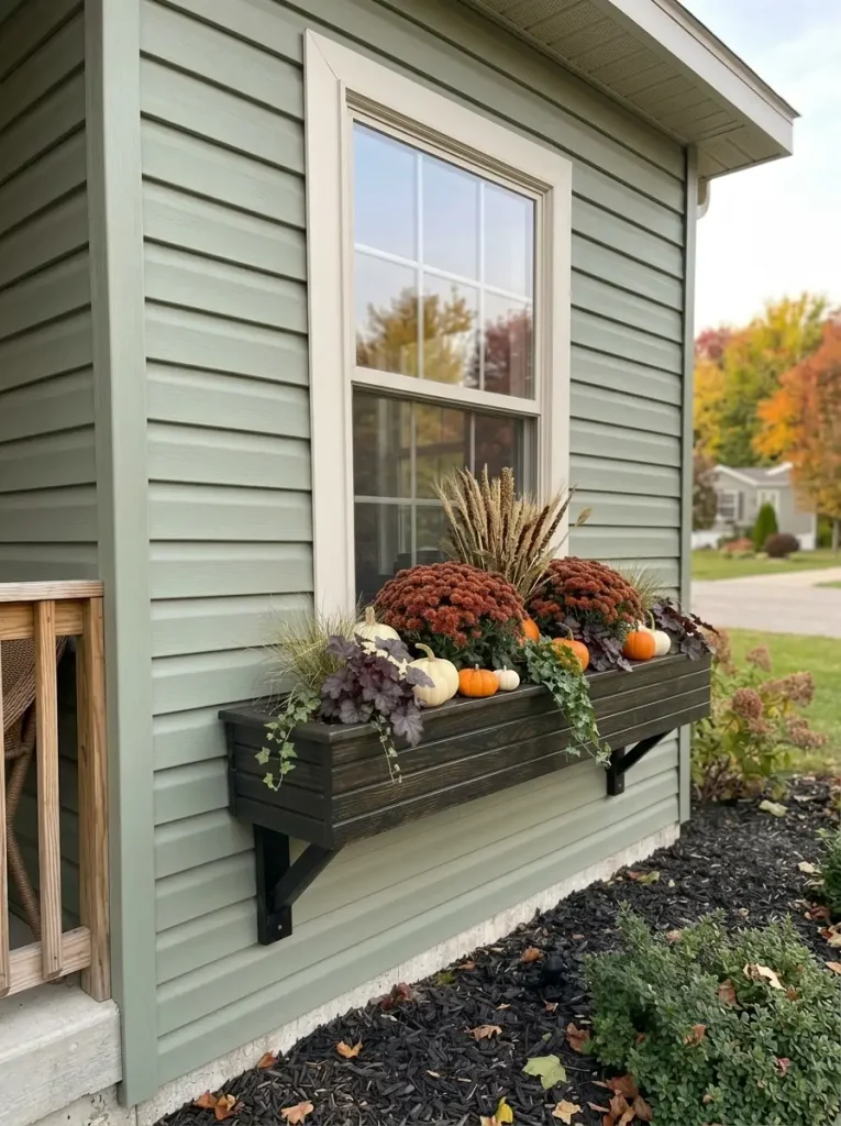 Hybrid fall window box on a mobile home combining fresh rust mums, dried grasses, greenery and realistic reusable mini pumpkins.