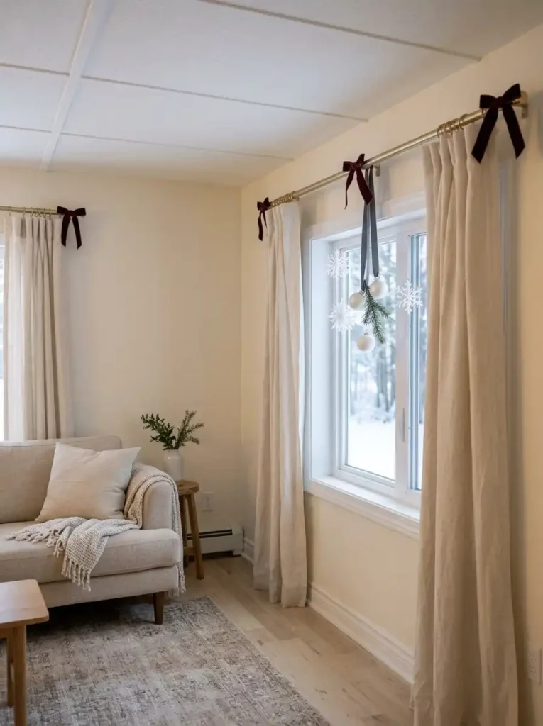 Frosted-white hanging Christmas ornaments and snowflakes decorating a small mobile home window.