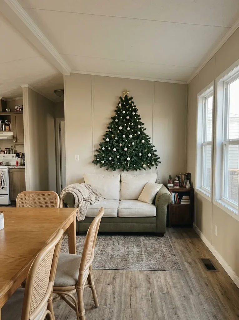 Dense triangular artificial pine Christmas tree displayed flat against a dining wall inside a small manufactured home.