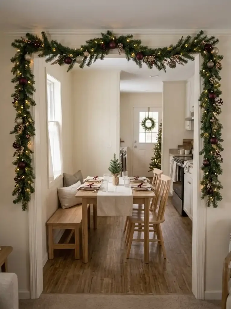 Garland-framed opening leading to a small Christmas dining nook with ivory plates, burgundy napkins, and simple furniture.