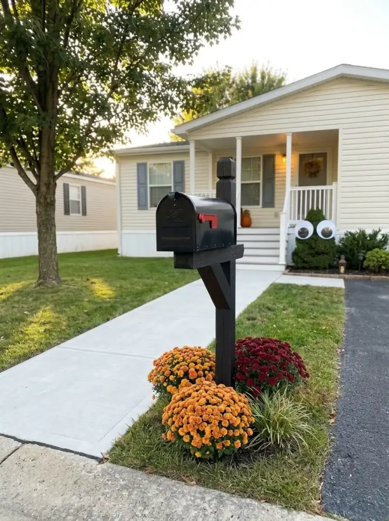 One rounded shrub beside a mobile home walkway transformed into a playful Halloween monster with oversized eyes.