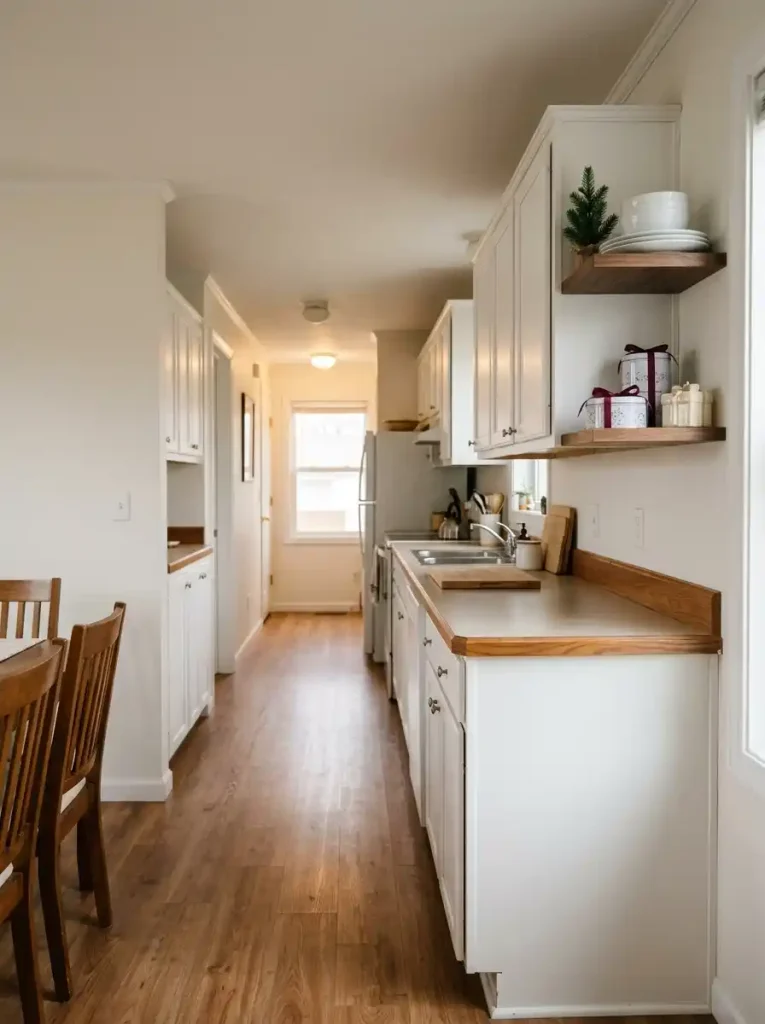 Burgundy ribbons dress storage tins on a mobile home kitchen shelf while dishes and cabinet doors remain usable.