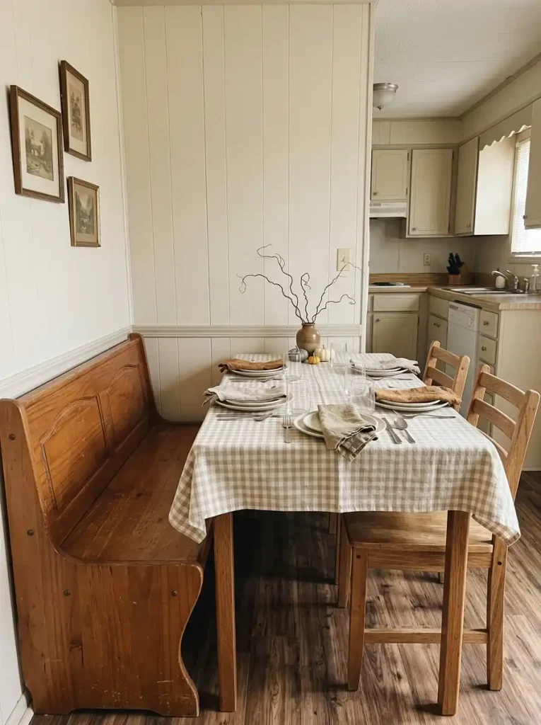 Small mobile home Thanksgiving dining nook with a gingham tablecloth, simple cream dishes and an accessible wall bench.