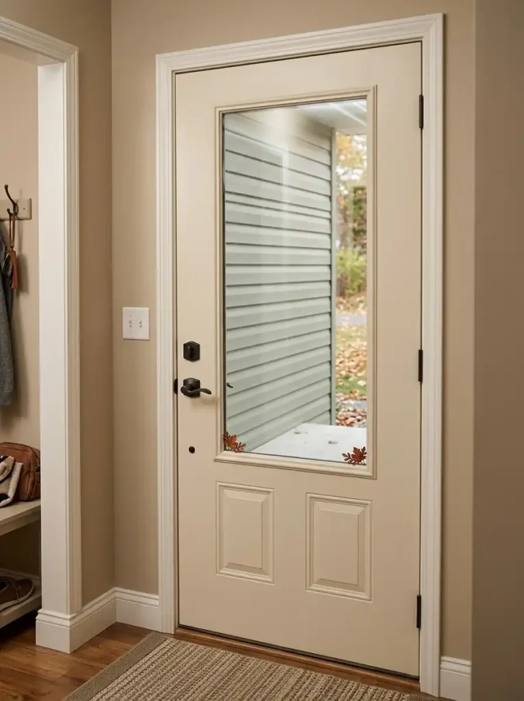 Small copper leaf accents framing the lower edges of a manufactured home's glass-top front door while keeping the view clear.