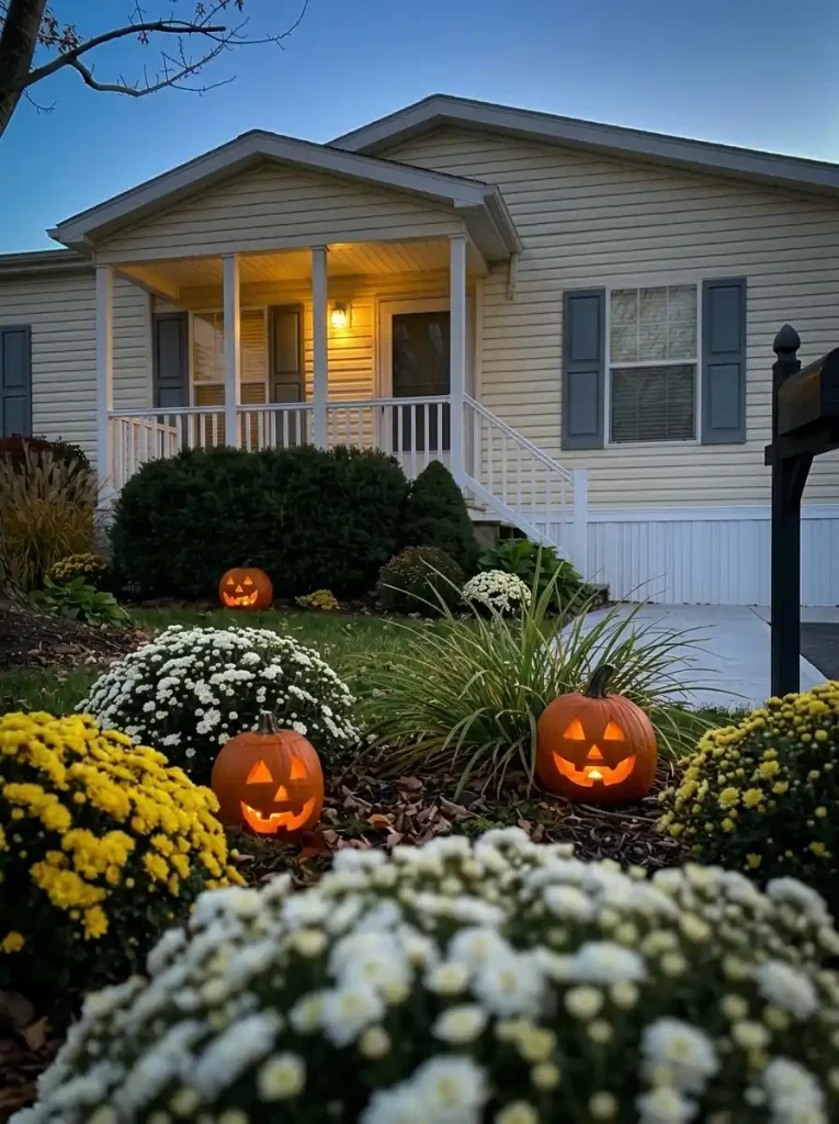 Glowing jack-o'-lanterns tucked among mums and shrubs in a mobile home foundation bed at dusk.