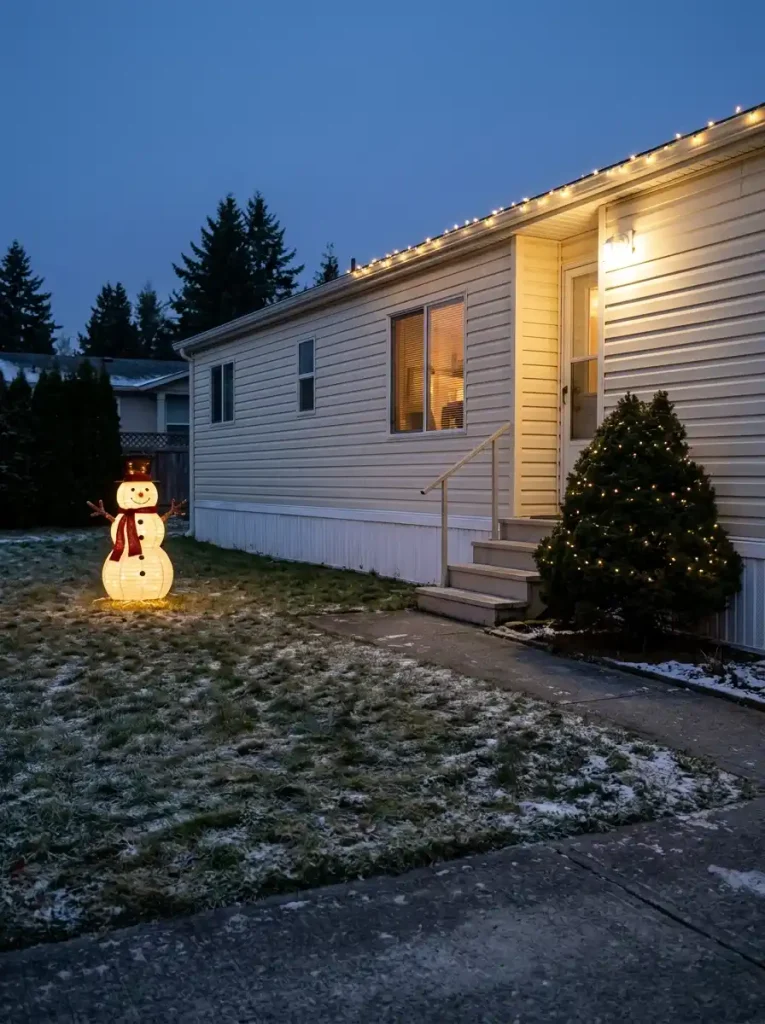 Glowing snowman standing in a small lawn pocket beside the clear walkway of a cream-colored single-wide mobile home.