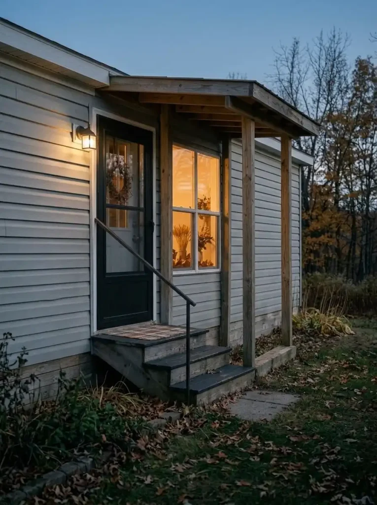 Warm Thanksgiving window display glowing beside a black mobile-home front door at dusk, with the narrow entry steps clear.