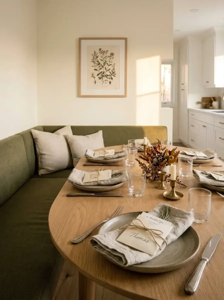 Handmade gratitude-pocket name cards on dinner plates in a small dining nook with olive-green corner seating.