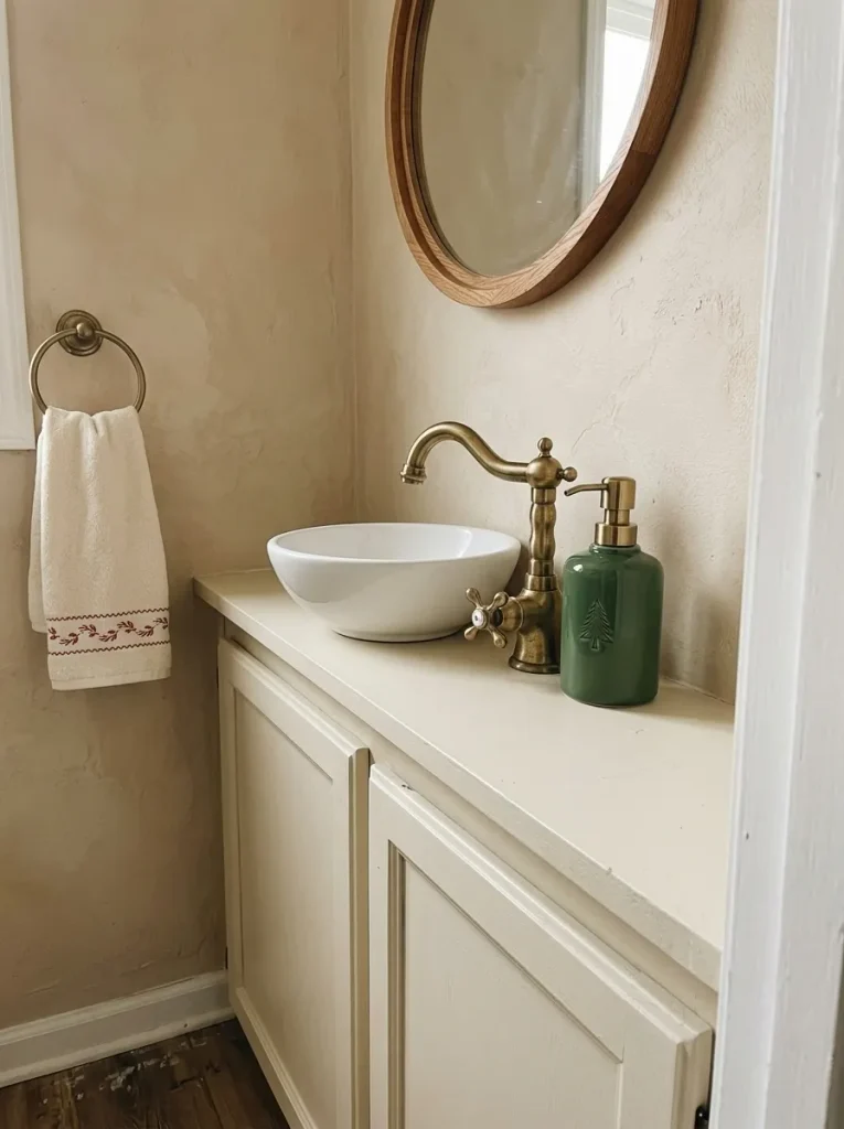 Forest-green Christmas soap dispenser beside a brass tap on a narrow cream bathroom vanity.